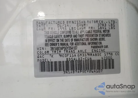 2014 Nissan Sentra S z USA, uszkodzony, nr VIN 3N1AB7AP5EY264107